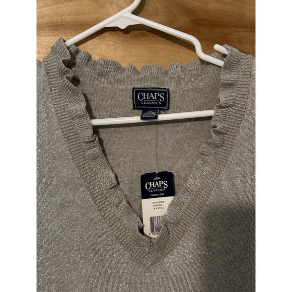 NWT Chaps Woman 2X  Silver Gray Metallic Ruffled V Neck Sweater Shimmer $75 - Picture 3 of 8